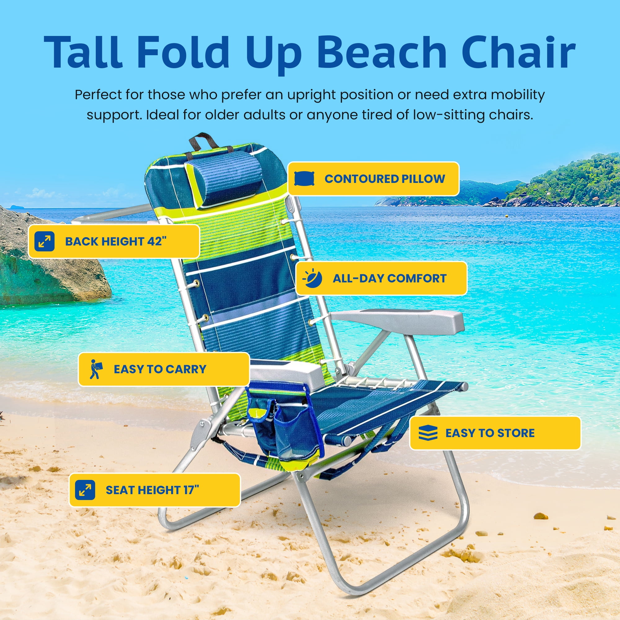 (Tall Chair) Homevative Folding Backpack High Beach Chair, Towel bar, Key Lime