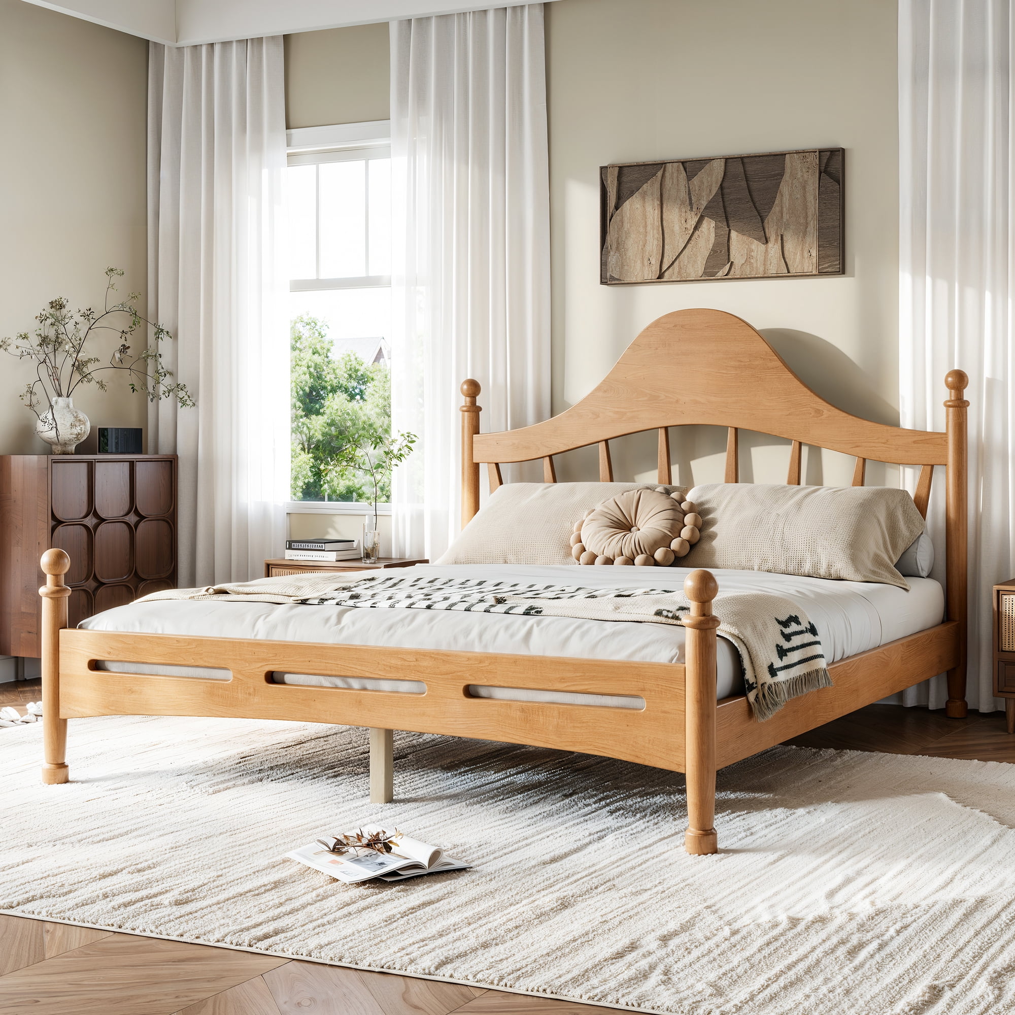Leumius Queen Size Platform Bed with Chic Headboard, Solid Wood Bed Frame with Slatted Support, Low to Ground Design for Bedroom Natural