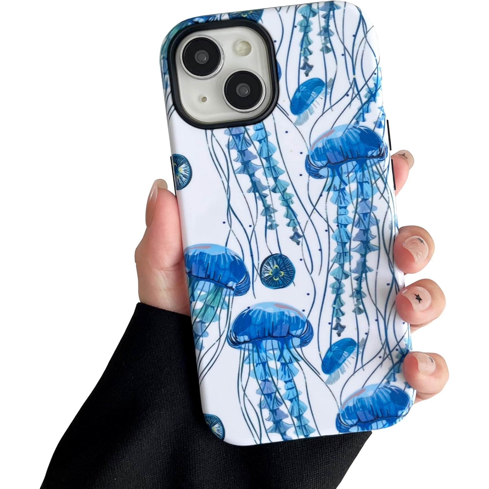 for iPhone 15 Phone Case Cute Aesthetic Jellyfish Pattern for Women Girls Dual-Layer Shock Protection Shockproof TPU and Hard PC Protective Cover - Blue Jellyfish