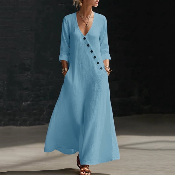 BRGZLK Light Blue Dress for Women Solid Color V Neck Long Sleeve Cotton Linen Beach Sundress Lightweight Casual Loose Flowy Dress with Pockets M