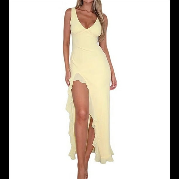 Vestido de Cóctel para Mujer, Maxivestido Informal Ajustado con Escote en V, Sin Mangas, de con Dobladillo con Volantes, Espalda Descubierta y Abertura Alta. Amarillo M