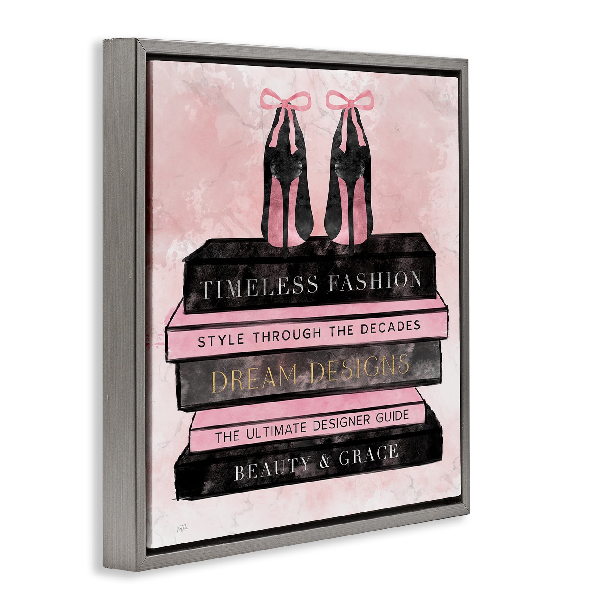 Stupell Industries Blush Fashion Book Stack Gray Framed Floater Canvas Wall Art, design by Natalie Carpentieri