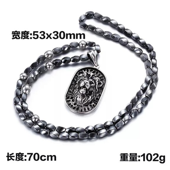 HOOUN Health Hematite Ball Chain Stainless Steel Biker Lion Pendant Men Necklace 28''
