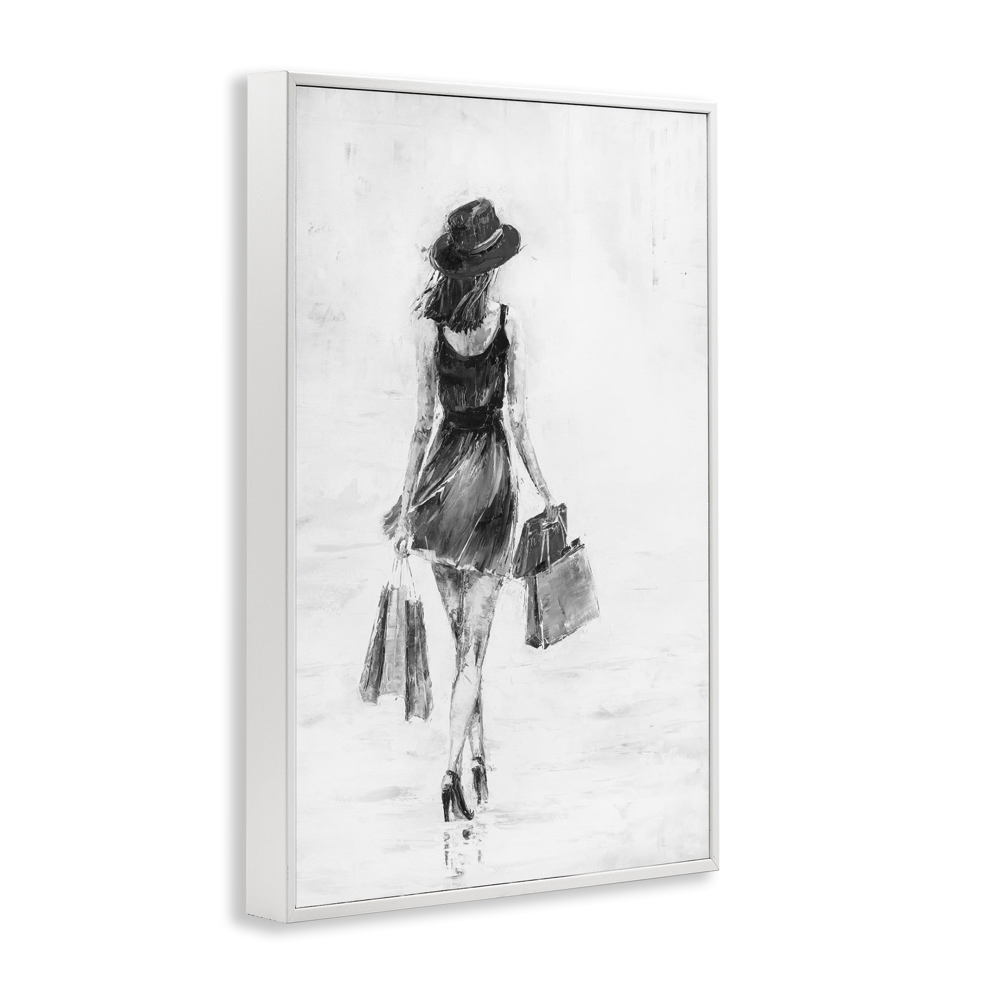 Stupell Industries Girl with Shopping Bags Novelty Painting White Framed Art Print Wall Art, 12 x 18