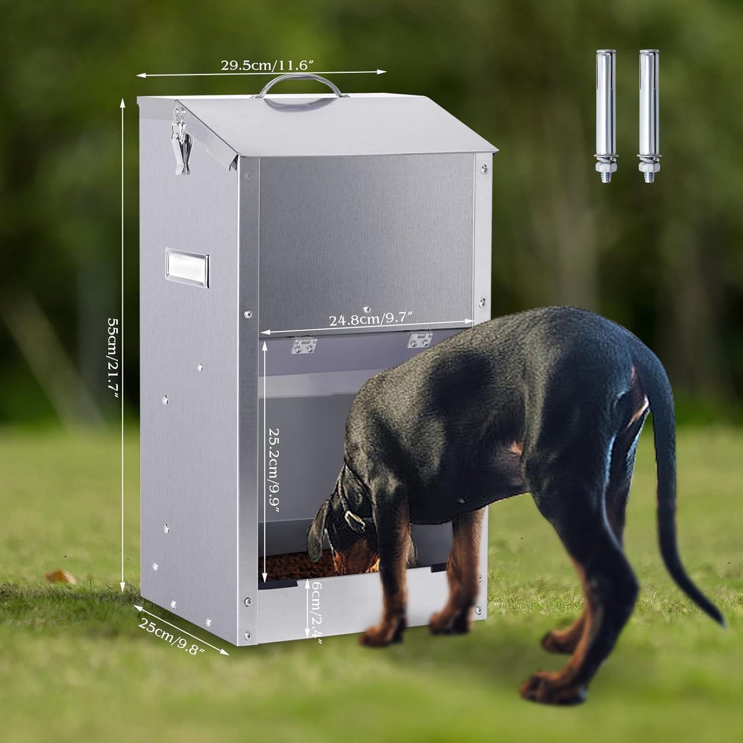 Automatic Dog Feeder Large Breed with Handle, Stainless Steel Indoor Outdoor Pet Food Dispenser for Large Dogs (25lbs)