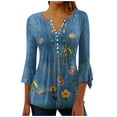 thumbnail image 3 of Pompotops Mode Femmes T-Shirt Décontracté à Boutons Imprimés Col en V Manches 3/4 Blouse Tops Liquidation, 3 of 5