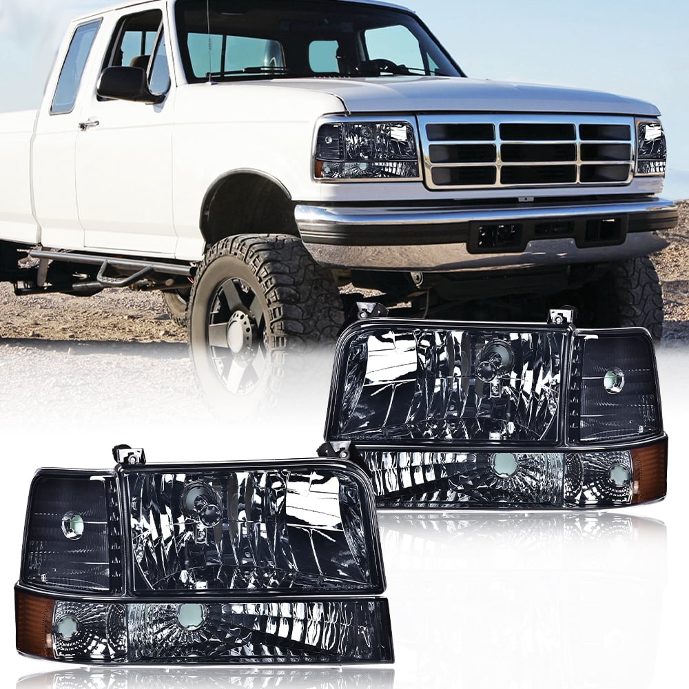 PIT66 Headlights, Fit for 1992-1996 Ford F150 F250 F350 Bronco Headlights with Corner Signal Bumper Lamps Smooky Lens Chrome Housing Amber Reflector
