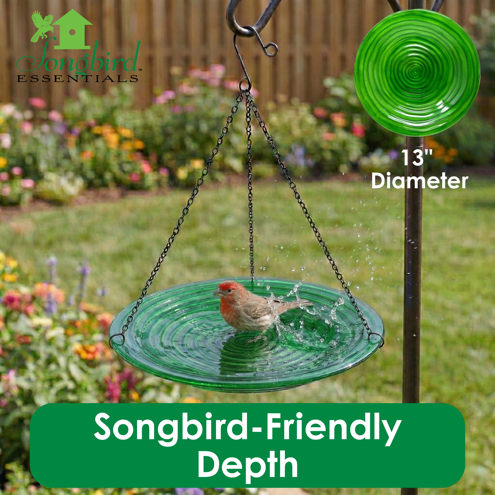 Songbird Essentials Glass Embossed Bird Bath, Hanging Birdbath Hunter Green, 13in Round