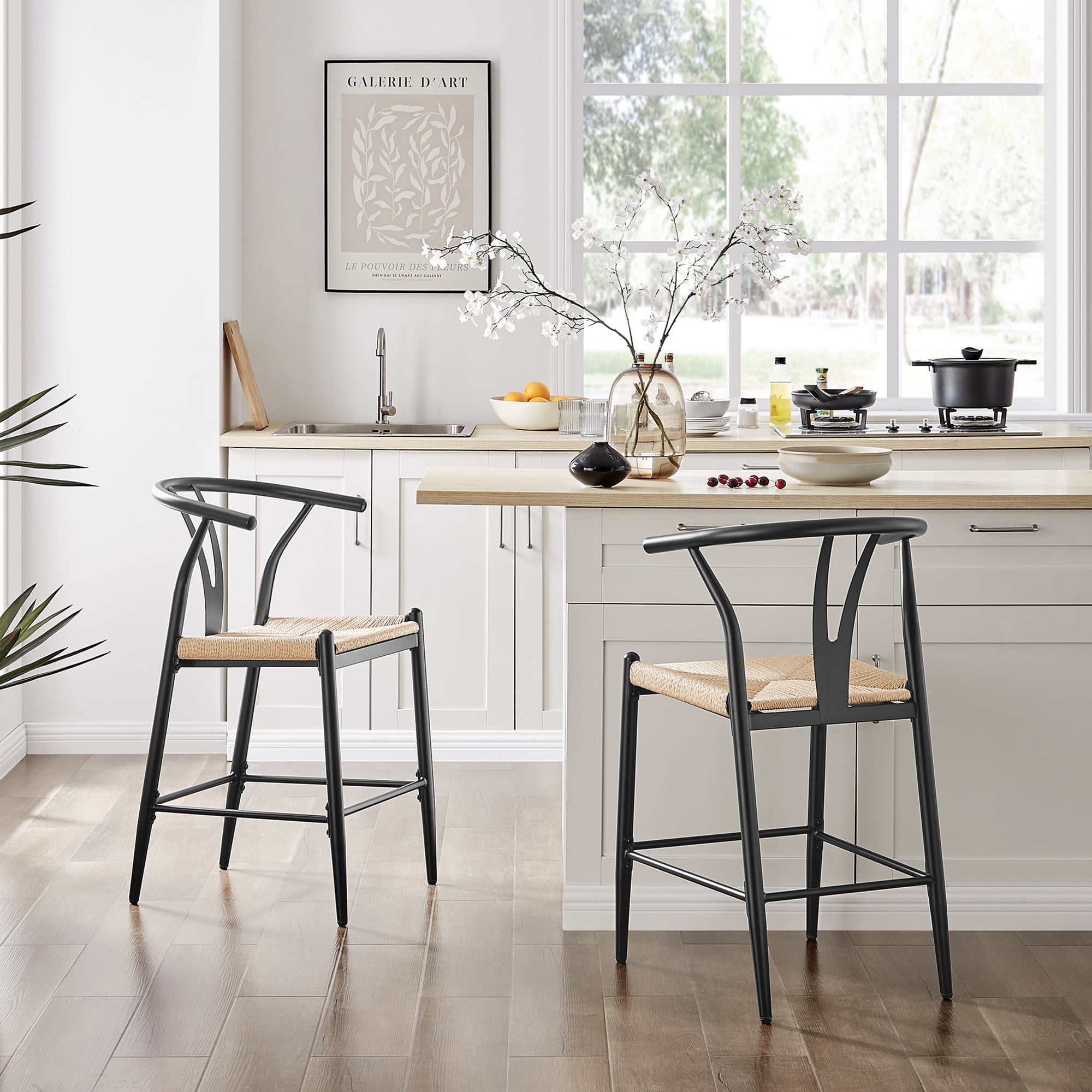 Better Homes & Gardens Springwood Wishbone Counter Bar Stool, 2-Pack, Black and Natural, Indoor