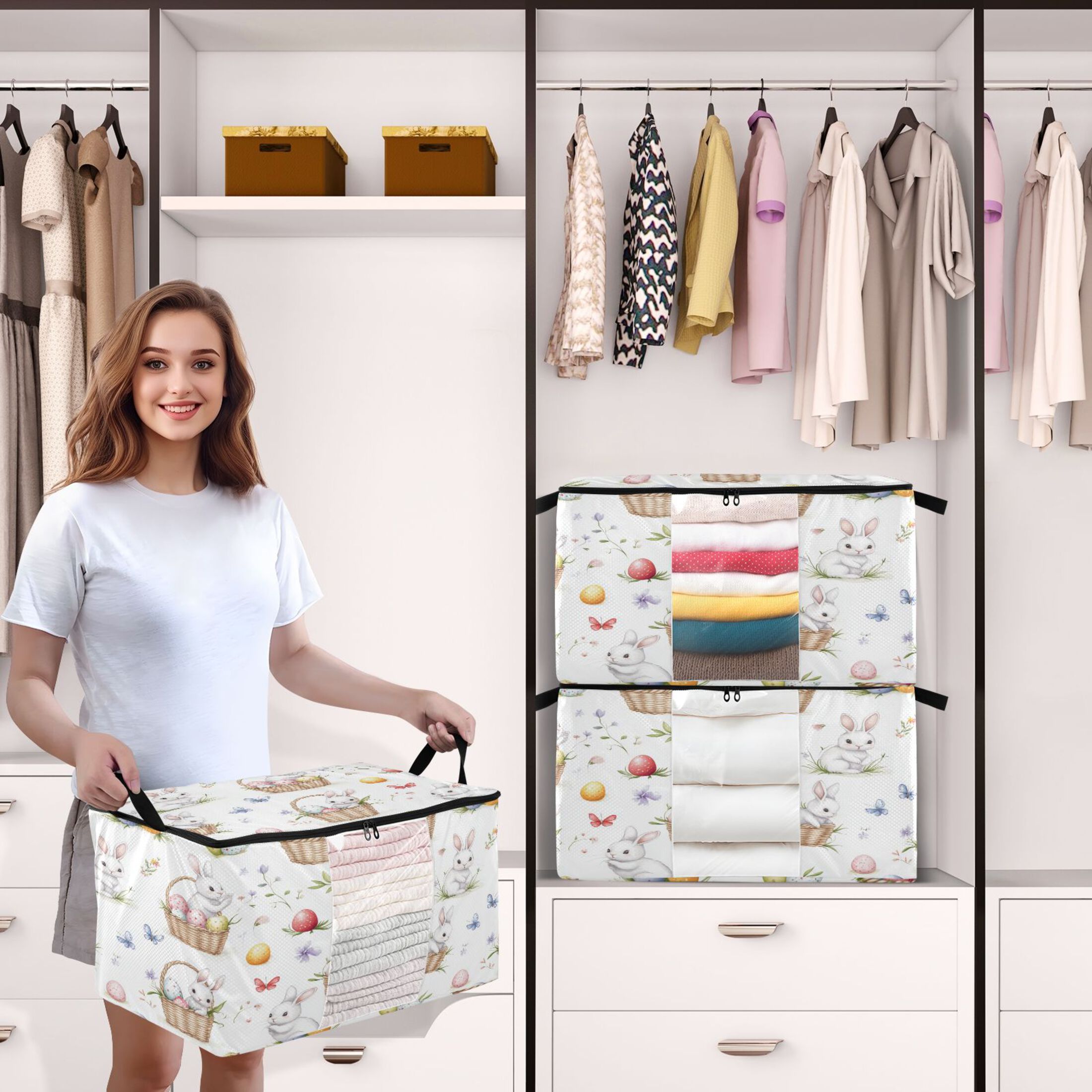 Foldable Clothes Storage Bags Clothes Organizer Bin with Clear Windows for Clothes Bedding Easter Bunnies and Baskets
