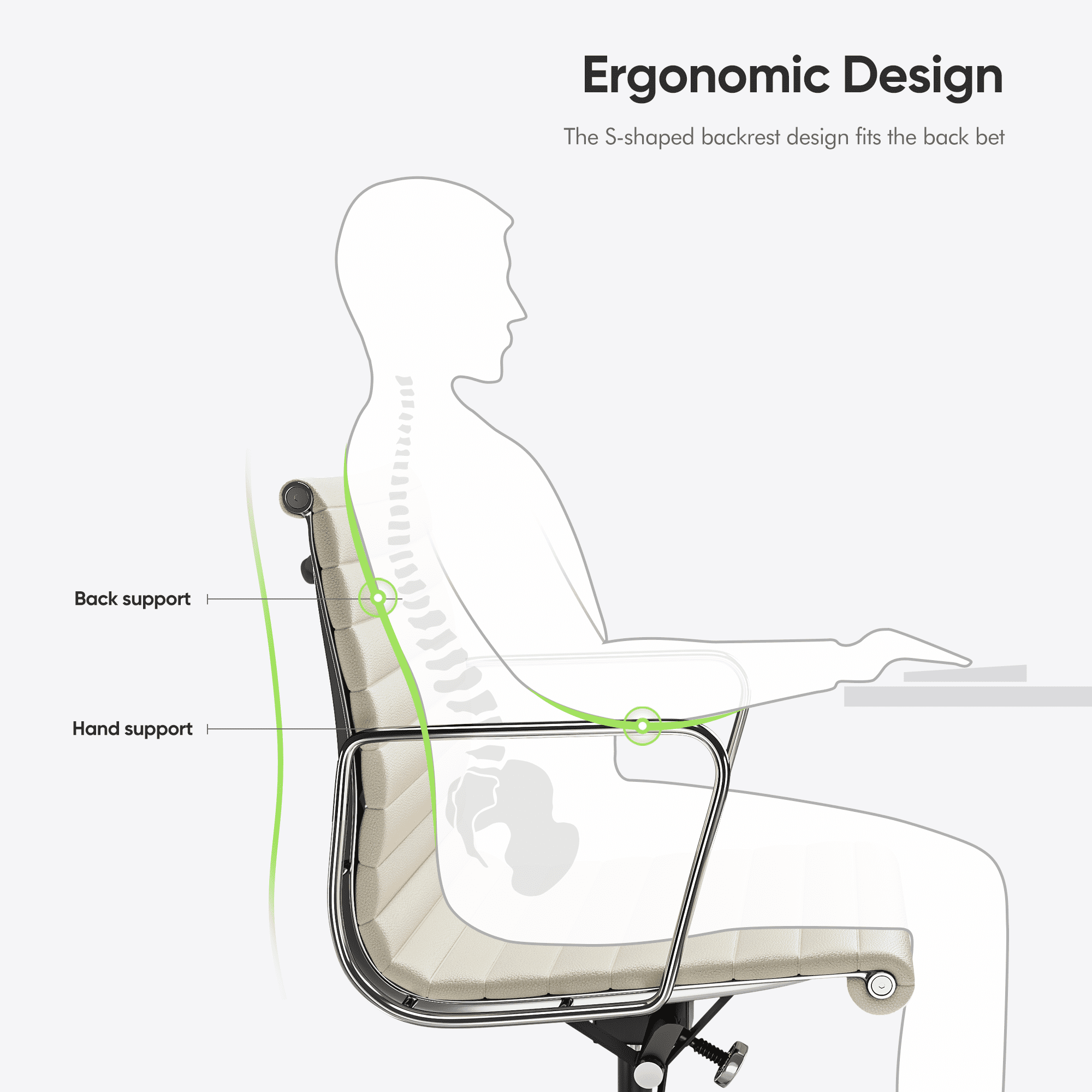 Ribbed Genuine Leather Office Chair, Mid Back, Adjustable Ergonomic Computer Chair for Home Office Use, White, 1PC