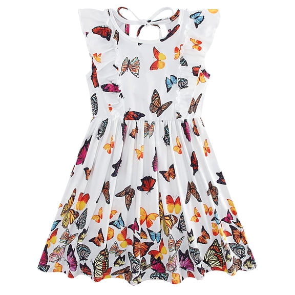 Aideaone Toddler Girls Dresses Kids Summer Ruffle Sleeve Tie Back Casual Sundress 2-8T
