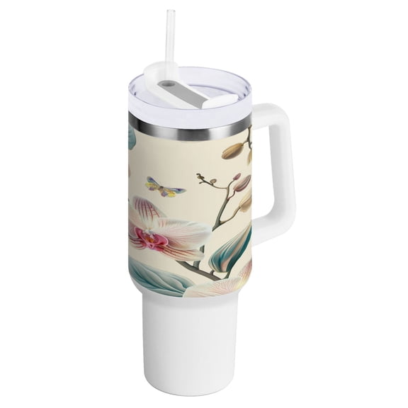 40 oz Tumbler with Handle and Straw Lid Orchid Flower and Butterfly Insulated Vacuum Water Bottle Stainless Steel Travel Cup