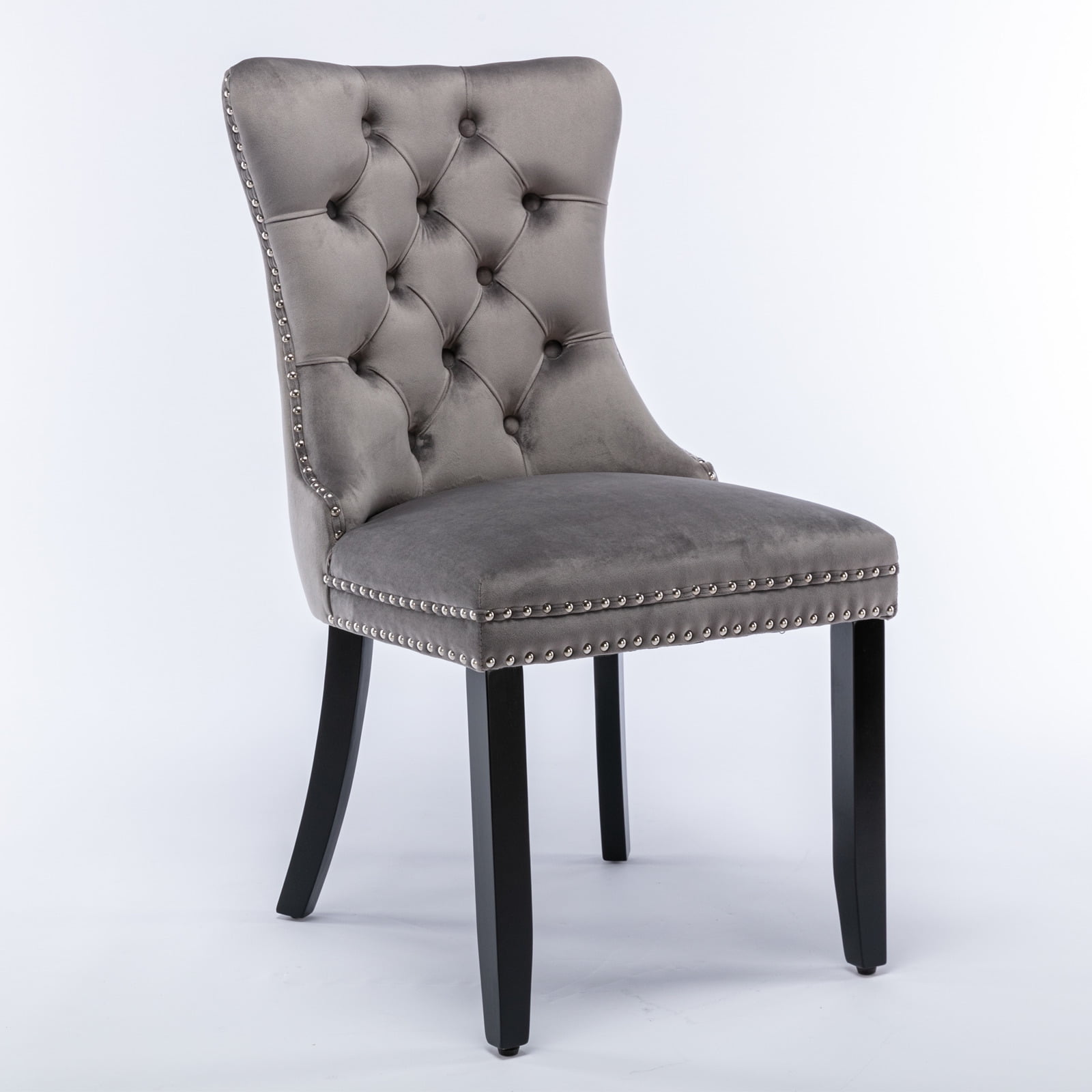 Yoneston Dining Chairs Set of 2, Upholstered High-End Tufted Dining Room Chair with Nailhead & Ring Pull Trim, Modern Velvet Chairs with Solid Wood Legs for Kitchen, Gray