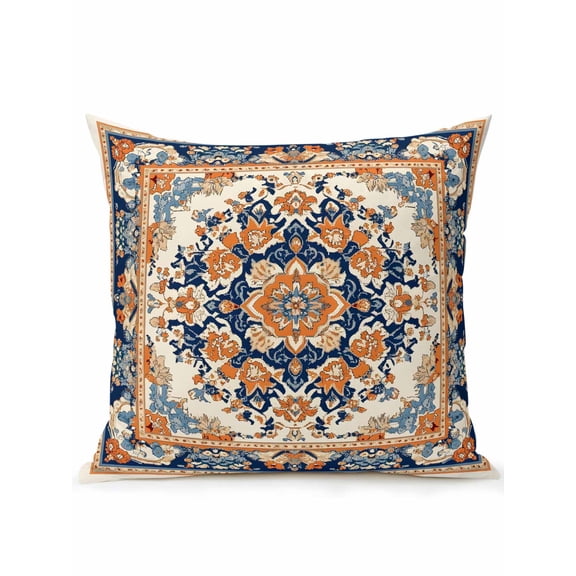 Outdoor Pillows Waterproof, Blue Burnt Orange Boho Bedding Throw Pillows with Insert for Couch Sofa Bed, Antique Southwestern Art 16x16 Inch Pillowcases Decorative Camping Patio Pillow Set of 1