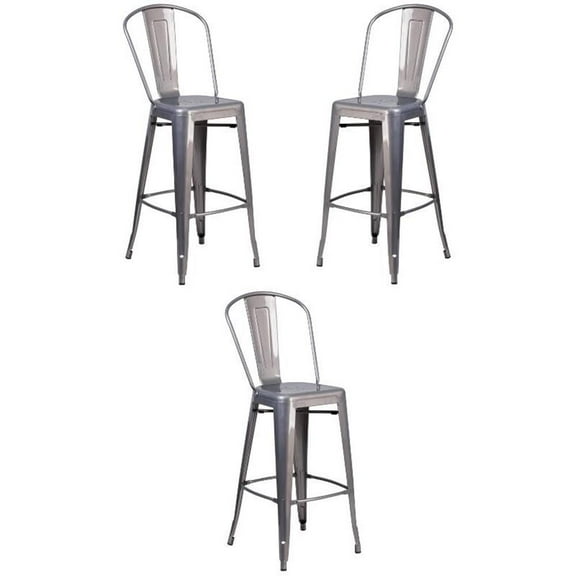 Home Square 30" Curved Slat Back Metal Bar Stool in Gray - Set of 3