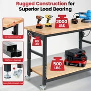 Workbench for Garage,ENJOYWOOD Heavy Duty 60 inch 2 Tier Wood Work Bench with Rolling Wheels and Power Outlets,Rubber Wood Tabletop,2000 LBS Load Bearing Workstation Garage Desk Table Worktable