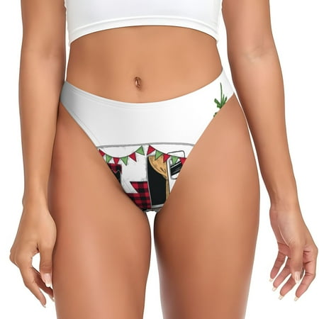 Qokaie Vintage Buffalo Plaid Christmas Camper Printed Women s Cotton Thong Underwear  Sexy Breathable Panties G-string -Small