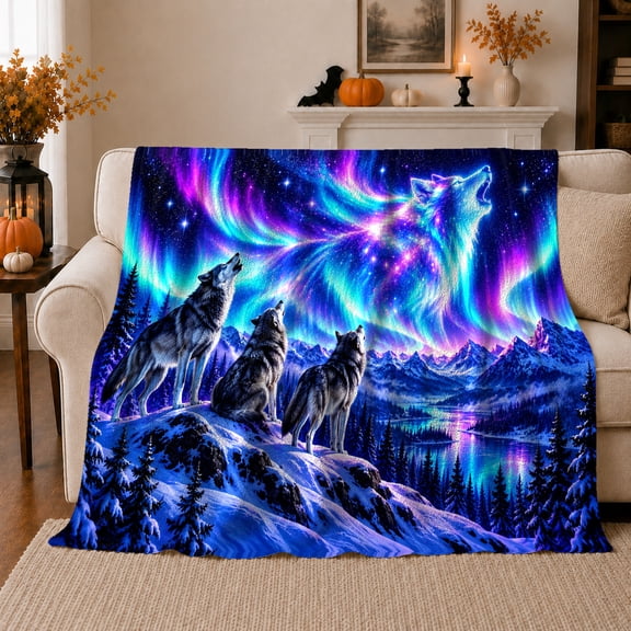 Mystical Howling Wolf Aurora Wilderness Scene, Peaceful Mountain Lake Scene, Warm Flannel Blanket for Cabin and Lodge, Outdoor Lovers Camping Gift, Fantasy Home Decor