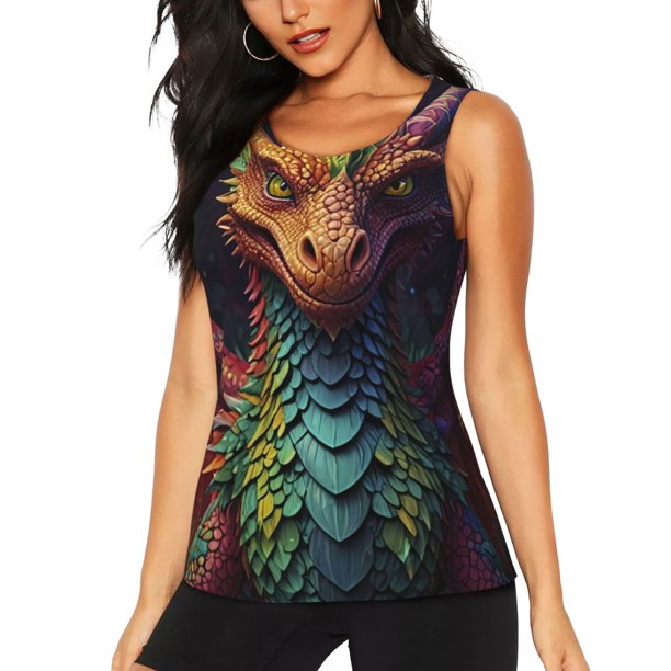 Fotbe Whimsical Dragon Color Cool Blusas Sin Mangas para Mujer – Estilo Casual, Corte Suelto, Slim-Fit, Cuello Redondo Deportivo, Tops de Verano para Gimnasio y Yoga-Large