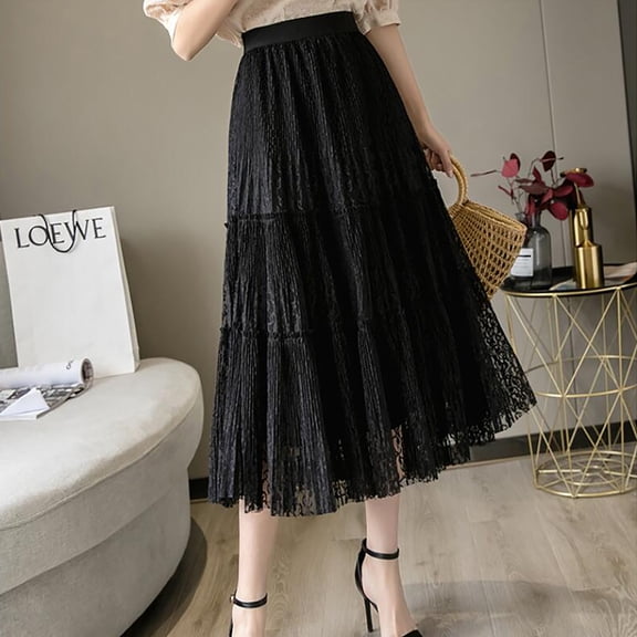Vedolay Skirt for Summer Skirt for Women Pleated High Waist Bow Tie Back Flowy A Line Long Skirt with Pockets,Black L