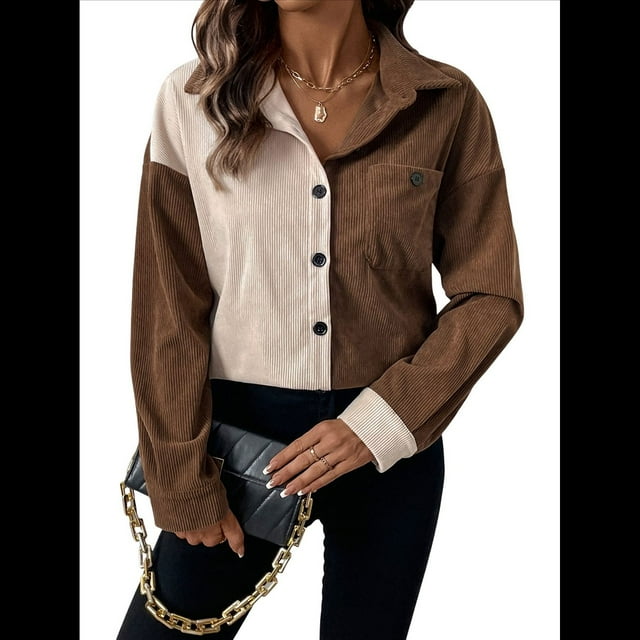 Blusas de para Mujer, Camisas con Botones, Bolsillos, Mangas Largas, Chaquetas y Abrigos. Marrón XL