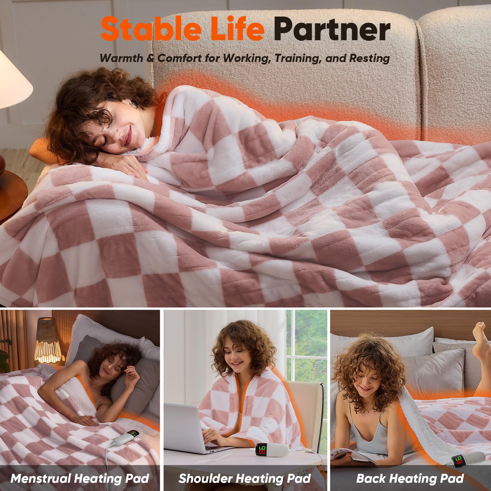 Light Pink Heated Blanket Electric Throw  50x60 Heating With 10 Heat Levels & 8 Hours Auto Off For Lap Checkered Plaid Soft Sherpa Blankets Mothers Day Gifts Mom Grandma Women Couch