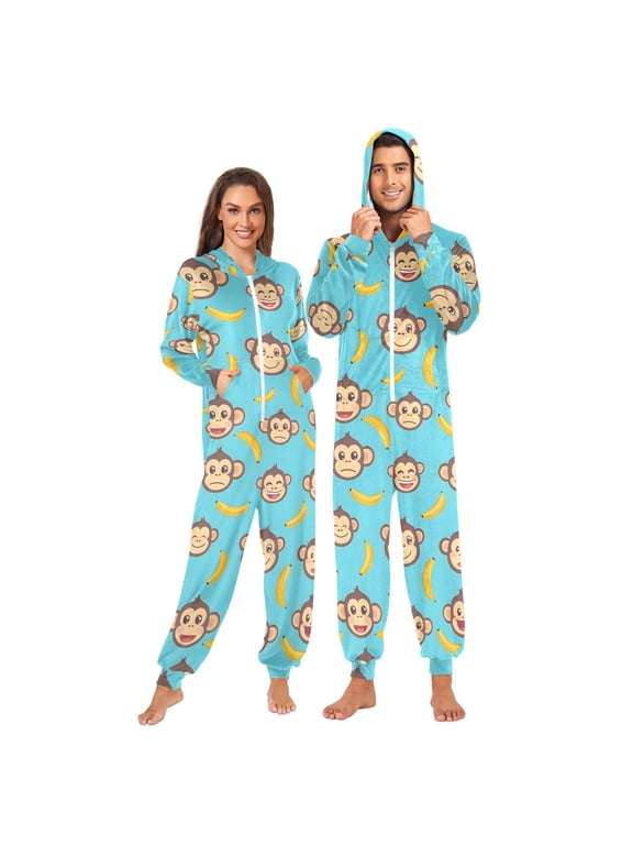 Banana Monkey Face Pattern Adult Onesie Pajama Unisex Ultra Soft Velvet Pockets Small