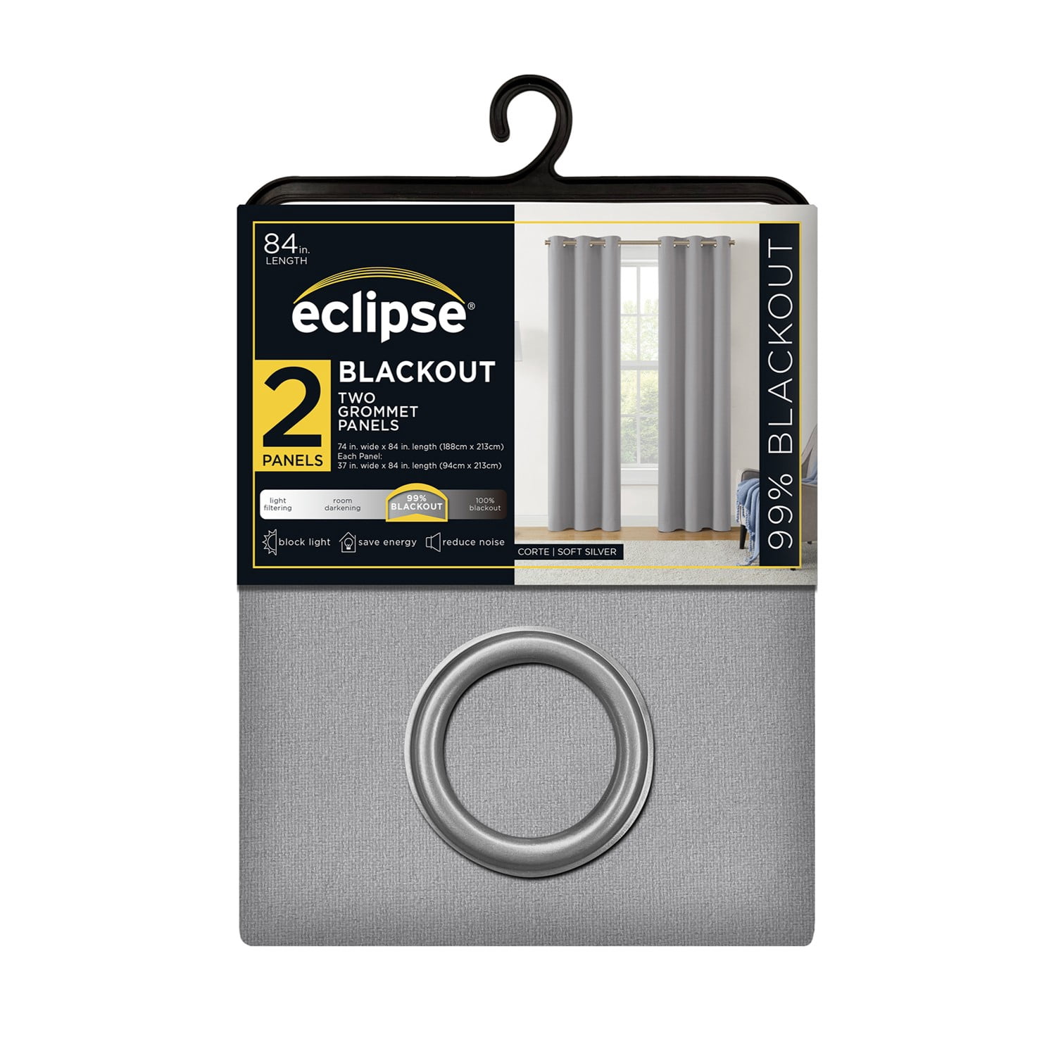 Eclipse Corte Solid Blackout Curtains, Set of 2, 84 Inch Long Blackout Curtains, 37" W x 84" L, Silver