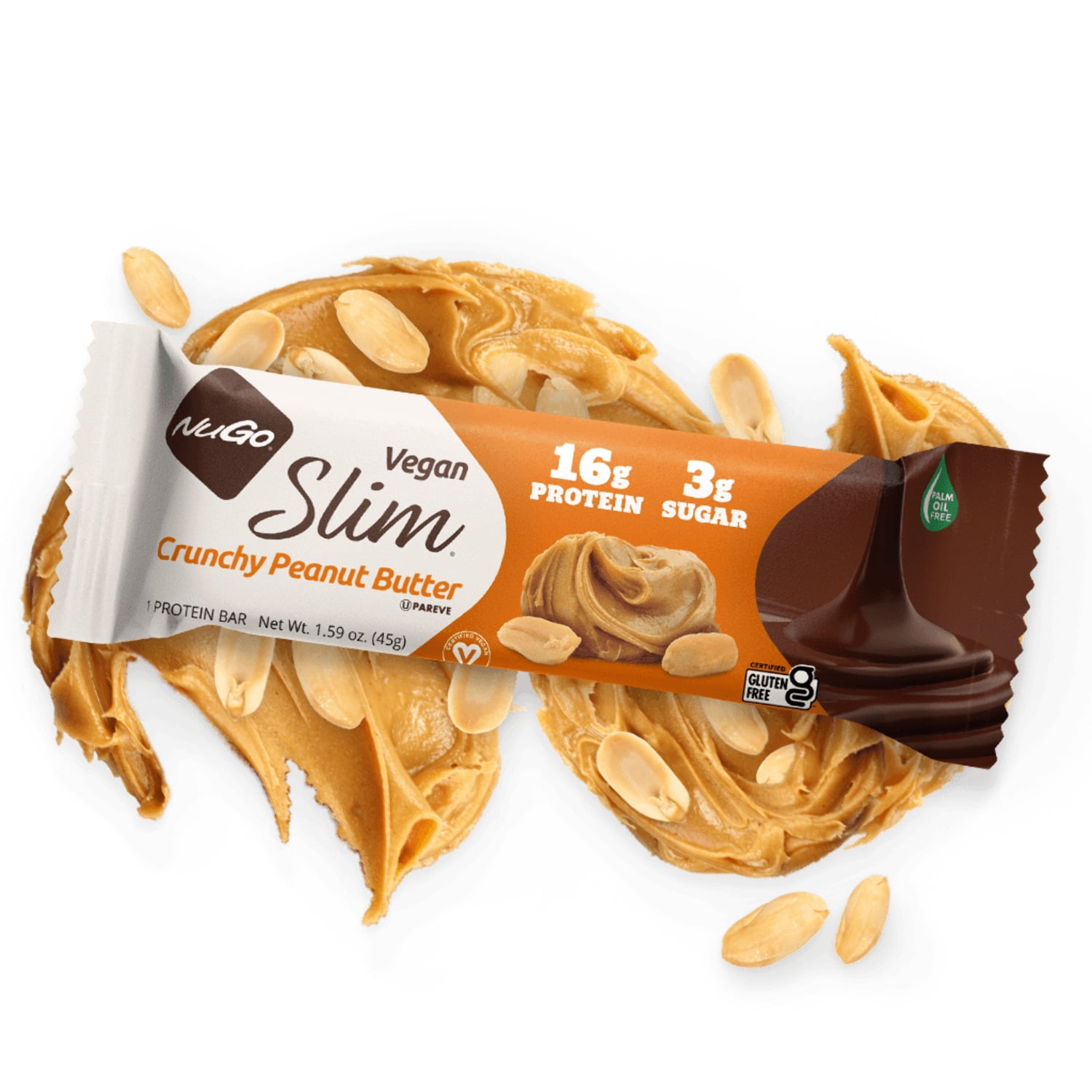 NuGo Slim Dark Chocolate Crunchy Peanut Butter, 17g Vegan Protein, 3g Sugar, 7g Fiber, 180 Calories, Low Net Carbs, Gluten Free, 24 Count