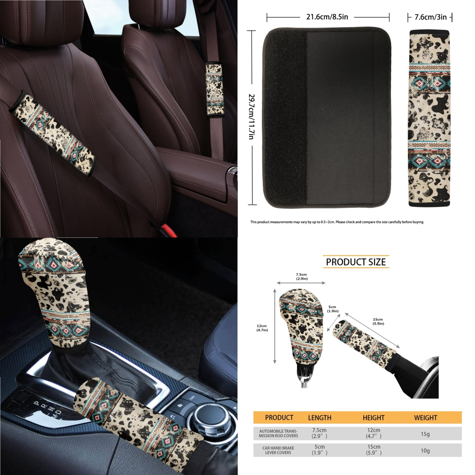 Renewold American Tribal Cow Print Car Front Back Seat Covers 14 PCS Set, with Steering Wheel Cover Seat Belt Pad Garbage Bin Armrest Cover Pad Rearview Mirror Cover Handbrake Cover Set Coasters