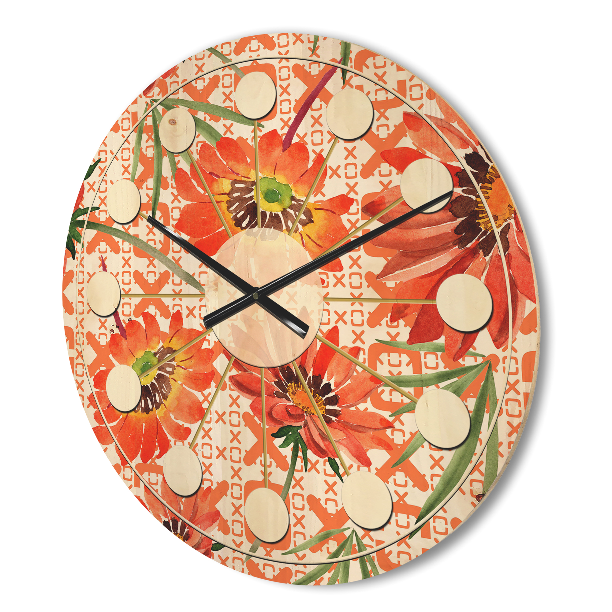 Designart 'Botanical Floral Retro I' Mid-Century Modern Wood Wall Clock