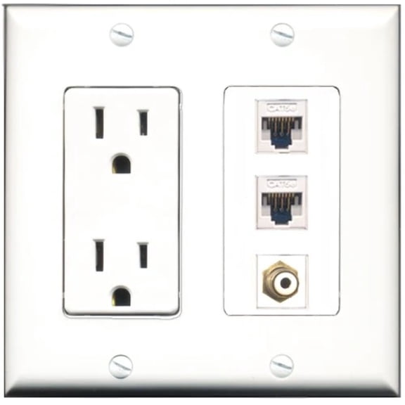 RiteAV - 15 Amp Power Outlet 1 Port RCA White 2 Port Cat5e Ethernet White Decorative Wall Plate