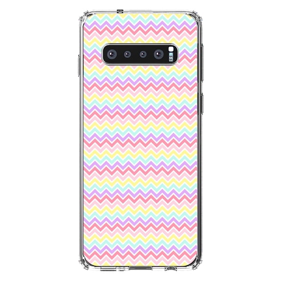 DistinctInk Clear Shockproof Hybrid Case for Samsung Galaxy S10 (6.1" Screen) - TPU Bumper, Acrylic Back, Tempered Glass Screen Protector - Rainbow Stripes Pattern