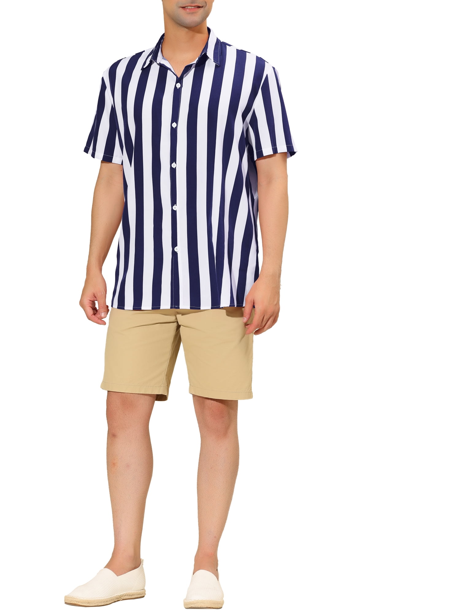 Unique Bargains Men's Short Sleeved Color Block Button Down Beach Stripe Shirt XL Navy Blue