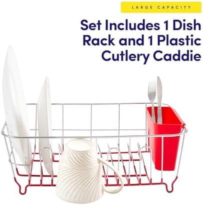 Metal 2 Piece Dish Drying Rack Set Drainer with Utensil Holder Simple Easy to Use Fits in Most Sinks, 14.5" x 13" x 5.25", Red