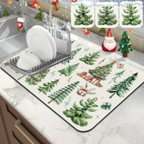 Christmas Dish Drying Mat for Kitchen Counter, 12"x20" Absorbent Watercolor Christmas Forest Pine Tree Drying Mat, Xmas Holiday Dish Rack Mat Coffee Maker Dining Room Decoration