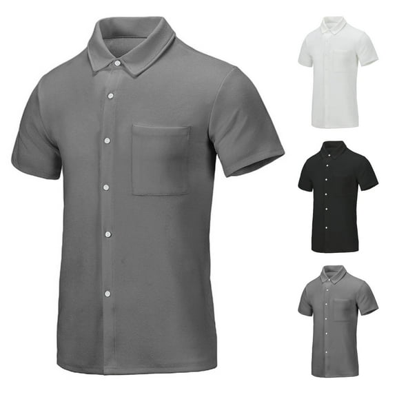 Antinious Mens Short Sleeve Button up Solid Pocket Collar Business Casual Tops,White,XL