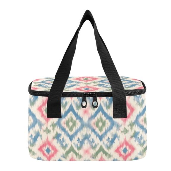 6L Insulated Lunch Bag Square Handheld Cooler Tote Retro Abstract Ikat Pattern Reusable Thermal Bag with Polyester & Aluminum Lining for Work Picnic Travel