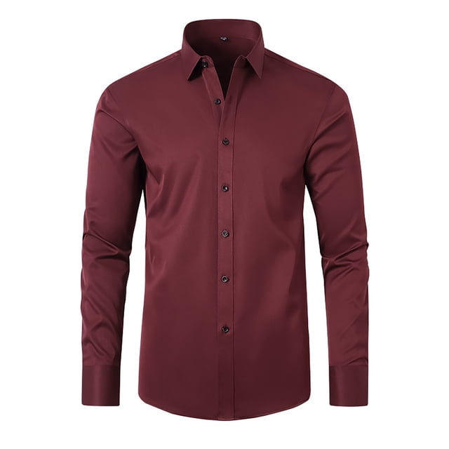 Red Mens Dress Shirt, Polyester Button Down Shirt Men, Van Heusen Dress Shirts For Men, Non Ironing Elastic Men's Long Sleeved Shirt Long Sleeved Lapel Solid Color Button Men's Shirt Shirt