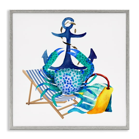 Stupell Industries Tropical Anchor & Beach Crab Gray Framed Giclee Art, 24 x 24, by Jesse Keith