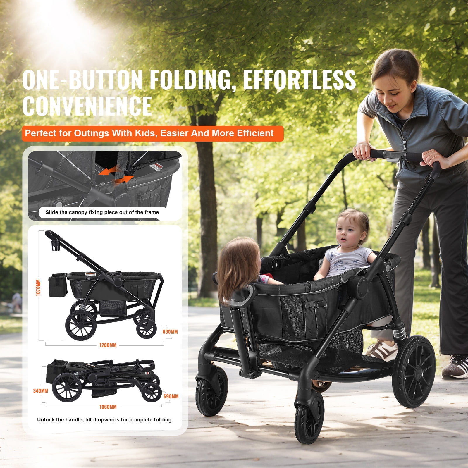 KFFKFF Multi-Terrain Wagon Stroller, Dual-Seating, Easily Foldable for Travel, Comes with Shade Cover, Storage for Parents, Food Tray & Beverage Holders, Supports up to 55lbs per Seat