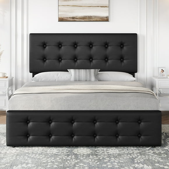 YUSAZENS Queen Size Bed Frame with 4 Storage Drawers and Headboard, Linen Upholstered Platform Bed Frame with Wooden Slats Support, No Box Spring Needed,Black