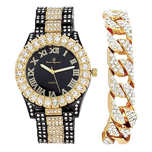 Charles Raymond Mens Silver Big Rocks with Roman Numerals Fully Iced Out Colorful Dial Wristwatch w/Blinged Out Cuban Shiny Silver Bracelet - ST10327 RN Cuban (TT - Gun)