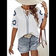 thumbnail image 3 of Blusas de Verano para Mujer, Blusas Florales Bordadas con Mangas Abullonadas, Cuello en V, Estilo Bohemio, Informal Albaricoque M, 3 of 7