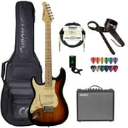 Sawtooth Left-Handed ES Series Electric Guitar Travel Bundle with Portable 10-Watt Amp, ChromaCast Pro Series Bag, Cable, Tuner & Picks, Sunburst w/ Vanilla Cream Pickguard