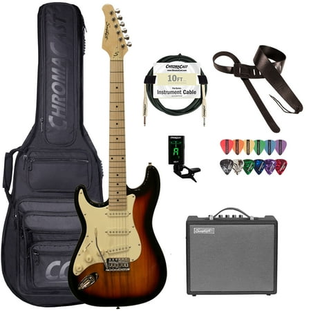 Sawtooth Left-Handed ES Series Electric Guitar Travel Bundle with Portable 10-Watt Amp, ChromaCast Pro Series Bag, Cable, Tuner & Picks, Sunburst w/ Vanilla Cream Pickguard