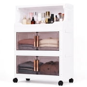 SHegdu Stackable Storage Bins 3 Tier Foldable Plastic Large Closet Organizer with Doors and Wheels for Snacks Toys Books Beverages Cosmetics Bedding (White Height-25 inches)
