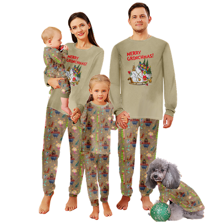 

FUNIER Holiday Family Matching Christmas Pajamas Sleepwear Set The Grinch Khaki Print Baby-Kids-Adult-Pet Size 2 Pieces Top and Pants Bodysuits Unisex Pajamas Set