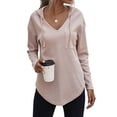 thumbnail image 3 of NFTOEIULA Women V Neck Long Sleeve Chest Pocket Curved Hem Waffle Drawstring Hoodie, 3 of 7